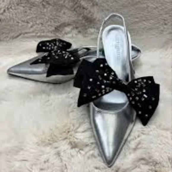 Karl Lagerfeld Silver and Black Heels with Bow NWOB - Picture 4 of 5